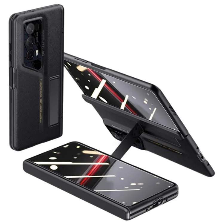 Чехол для телефона For Honor Magic V2 RSR Porsche Design, кожаный с покрытием из ПК, защита шарнира, с магнитной подставкой - черный