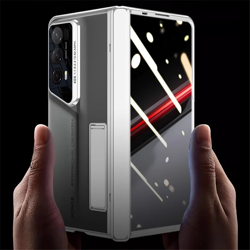 For Honor Magic V2 RSR Porsche Design Case Clear PC+Acrylic Kickstand Phone Cover with Anti-Spy Screen Protector - Silver