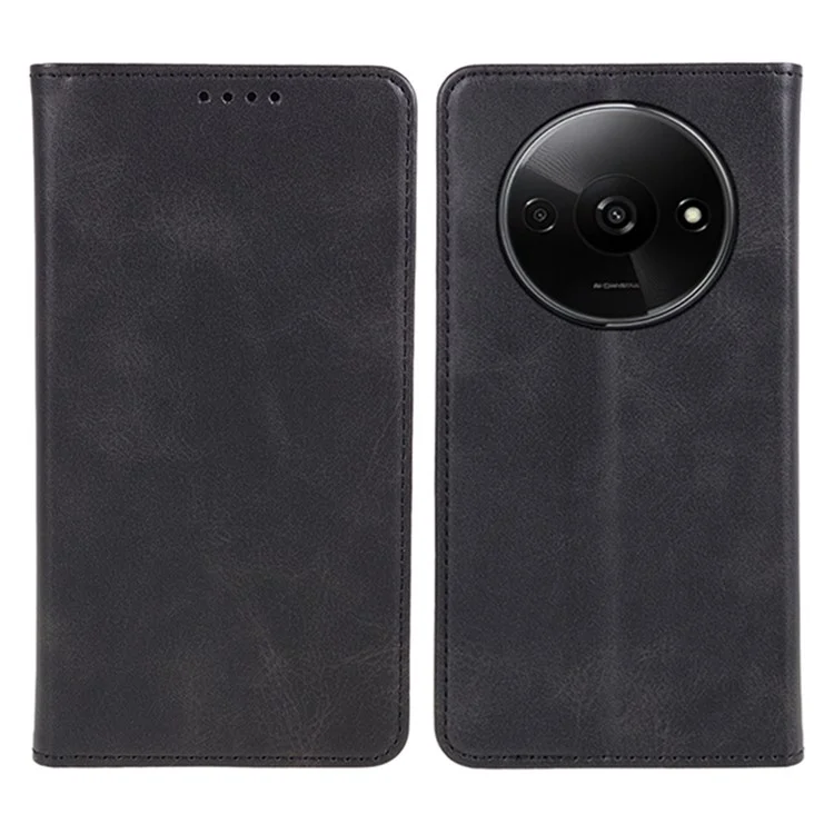 Para Xiaomi Redmi A3 4G / Poco C61 4G Funda de Teléfono de Cuero Textura de Ternera Tapa de la Billetera Absorción Automática Magnética - Negro