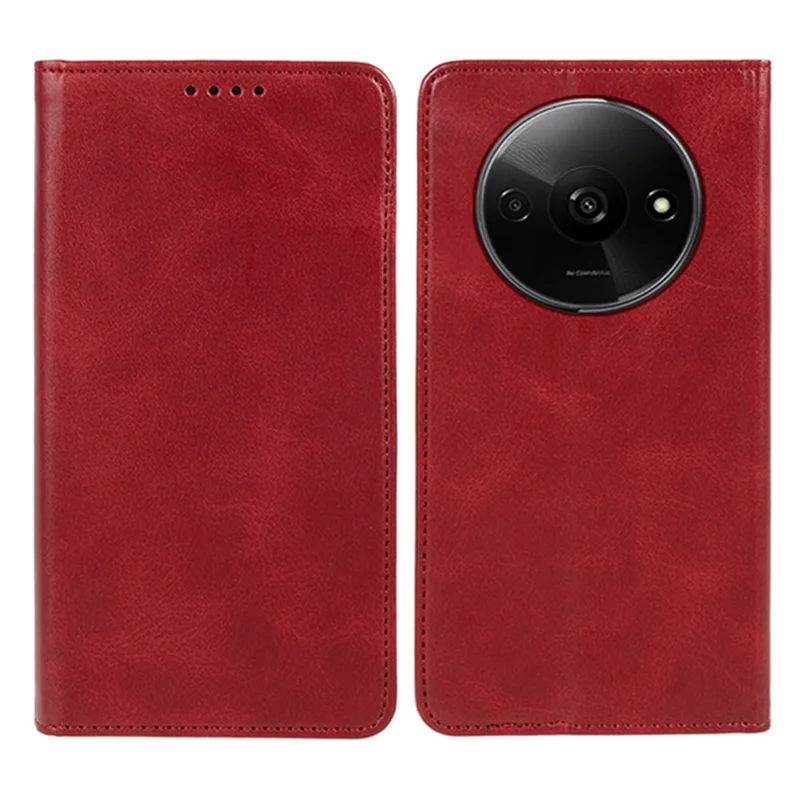 For Xiaomi Redmi A3 4G / Poco C61 4G Leather Phone Case Calf Texture Wallet Cover Magnetic Auto-Absorbed - Red