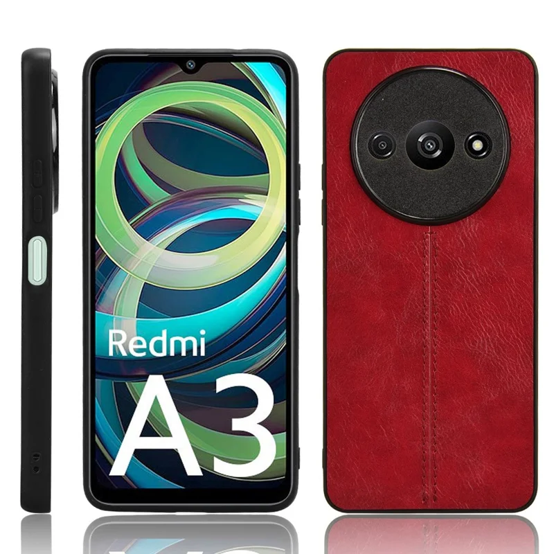For Xiaomi Redmi A3 / Poco C61 4G Cell Phone Case Stitching Line Design Leather Coated TPU+PC Cover - Red