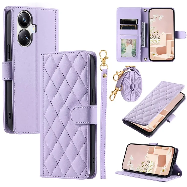 Pour Realme 10 Pro+ 5G Crossbody Lanyard Case PU Leather Rhombus Grid Phone Cover Purse - Violet