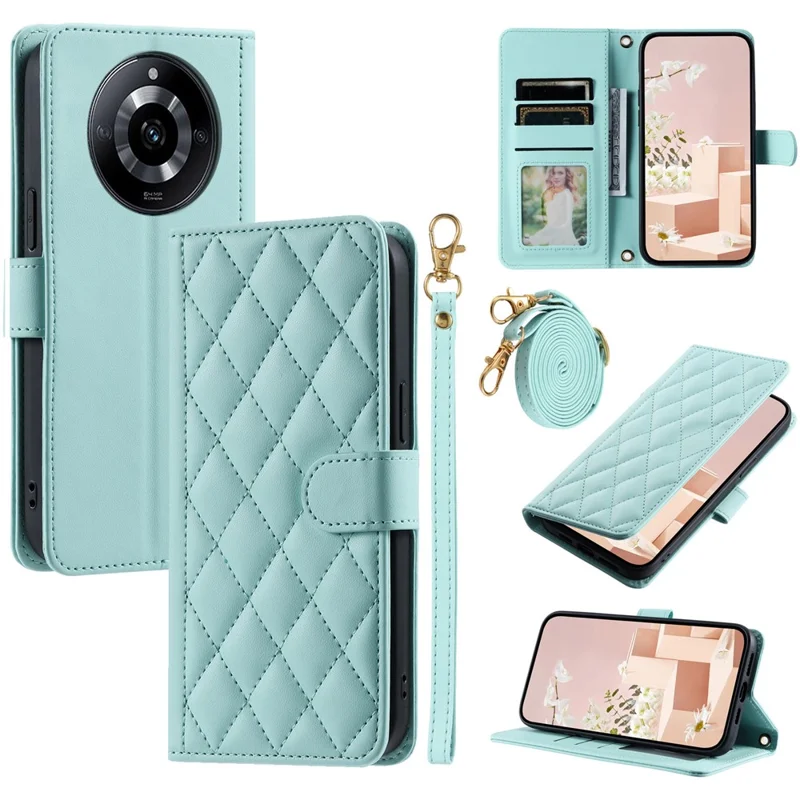 Per il caso Realme 11 Pro 5G / 11 Pro+ 5G Flip Wallet Rhombus Grid Leather Phone Cover con 2 Cinghie - Menta Verde