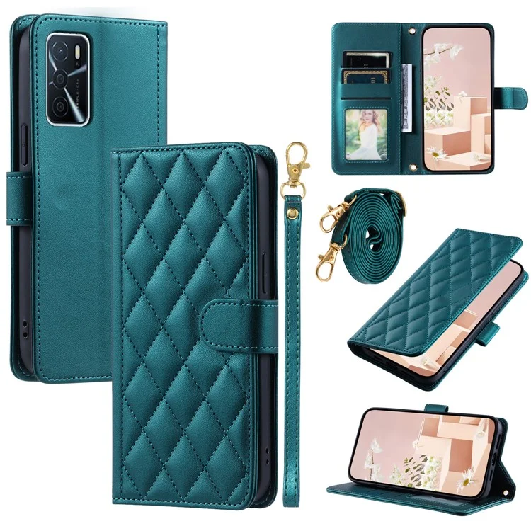 Étui portefeuille pour Oppo A16 / A16s / A55 / A55 5G / A54 4G / A54s / A56 5G / Realme V11 5G, étui de téléphone en cuir à support de carte à motif rhomboïdal - Vert