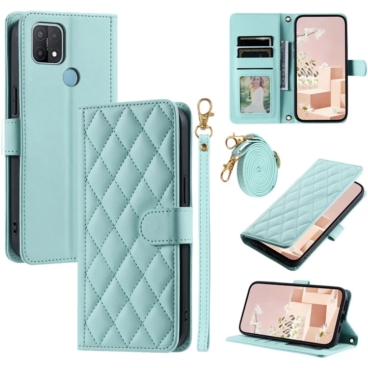 Per OPPO A15 / A15s / A35 Custodia con Cordino da Polso Motivo Romboidale in Pelle Custodia per Telefono - Verde Menta