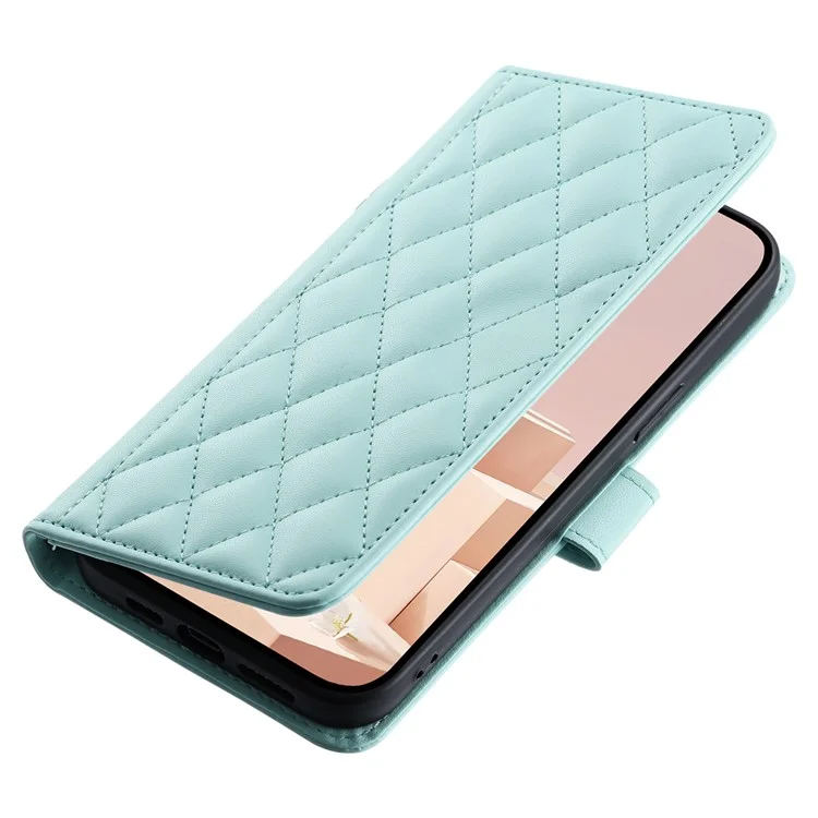 Per OPPO A15 / A15s / A35 Custodia con Cordino da Polso Motivo Romboidale in Pelle Custodia per Telefono - Verde Menta