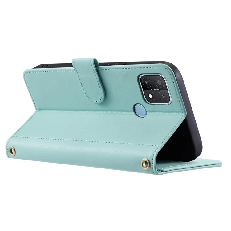 Per OPPO A15 / A15s / A35 Custodia con Cordino da Polso Motivo Romboidale in Pelle Custodia per Telefono - Verde Menta