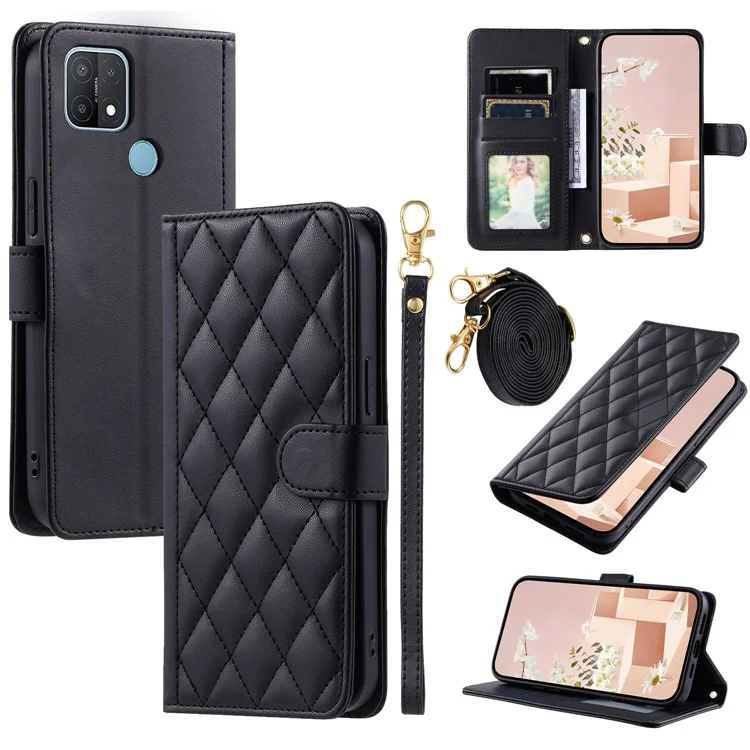 For OPPO A15 / A15s / A35 Case with Lanyard Strap Rhombus Grid Leather Handbag Phone Cover - Black