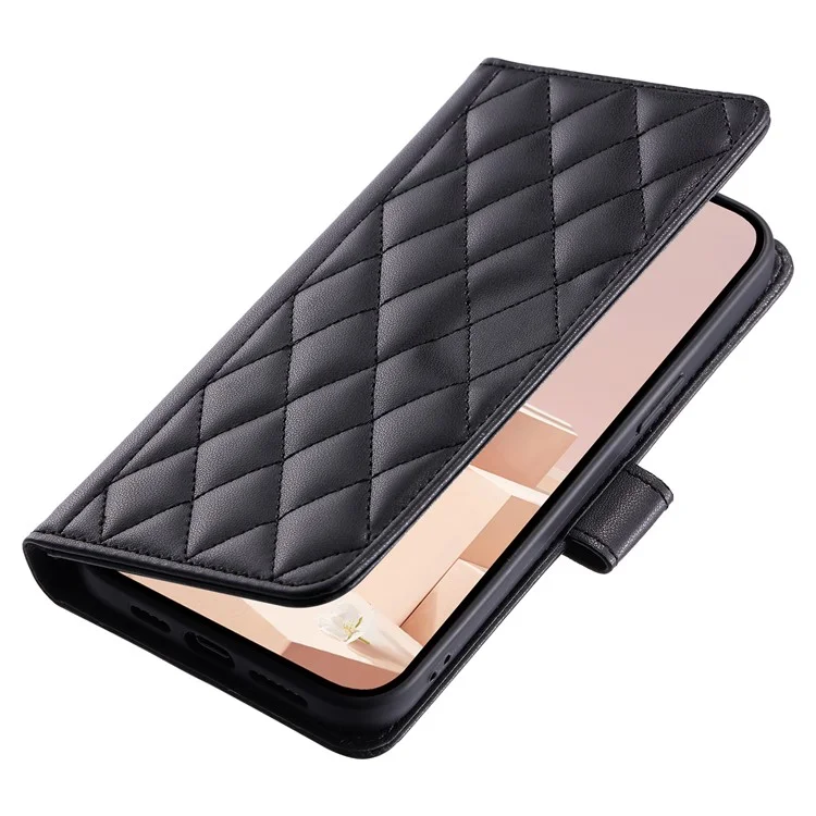 For OPPO A15 / A15s / A35 Case with Lanyard Strap Rhombus Grid Leather Handbag Phone Cover - Black