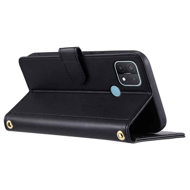 For OPPO A15 / A15s / A35 Case with Lanyard Strap Rhombus Grid Leather Handbag Phone Cover - Black