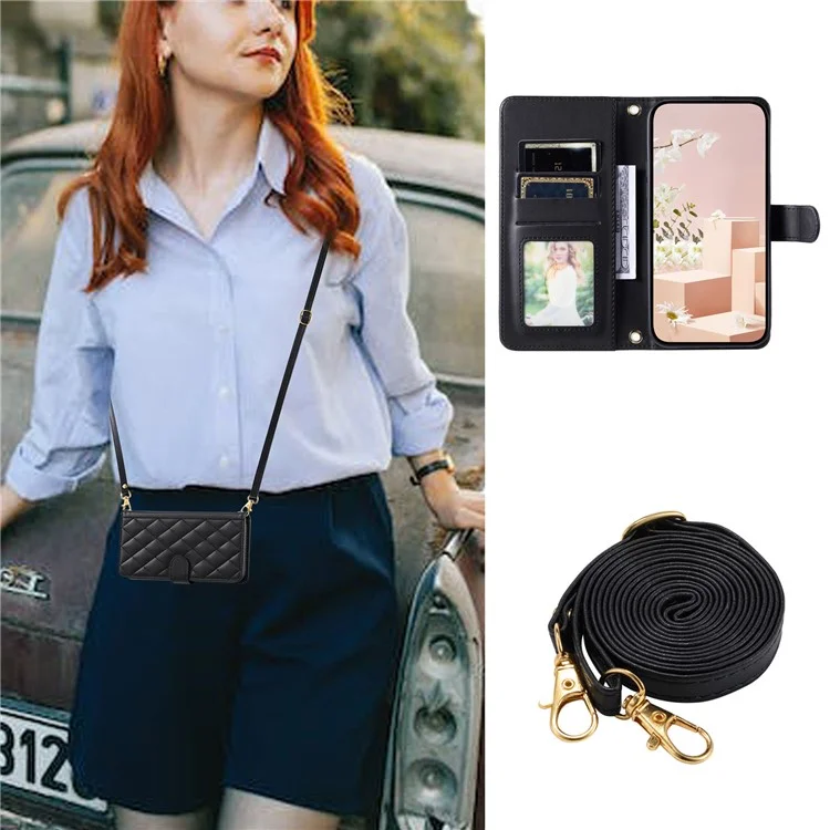 For OPPO A15 / A15s / A35 Case with Lanyard Strap Rhombus Grid Leather Handbag Phone Cover - Black