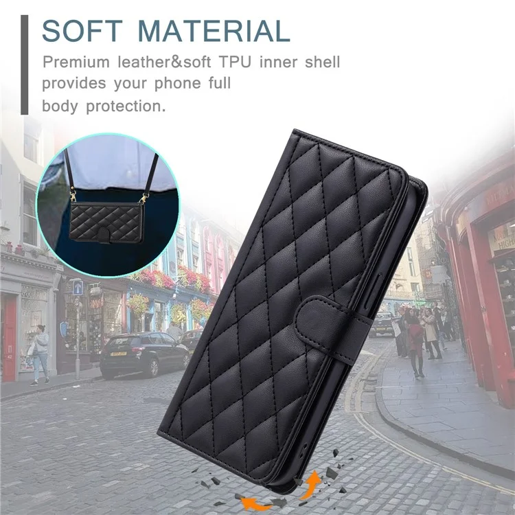 For OPPO A15 / A15s / A35 Case with Lanyard Strap Rhombus Grid Leather Handbag Phone Cover - Black