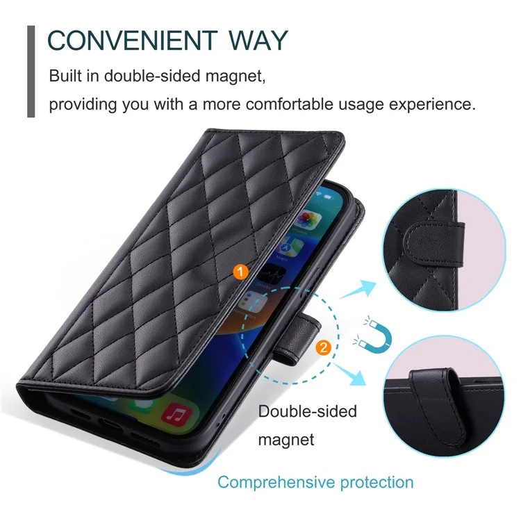 For OPPO A15 / A15s / A35 Case with Lanyard Strap Rhombus Grid Leather Handbag Phone Cover - Black