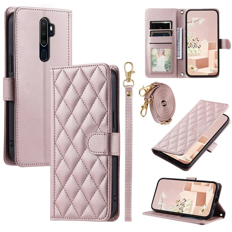 For Oppo A9 (2020) / A11x / A5 (2020) / A11 / A11n Case PU Leather Rhombus Grid Magnetic Flip Phone Cover - Rose Gold
