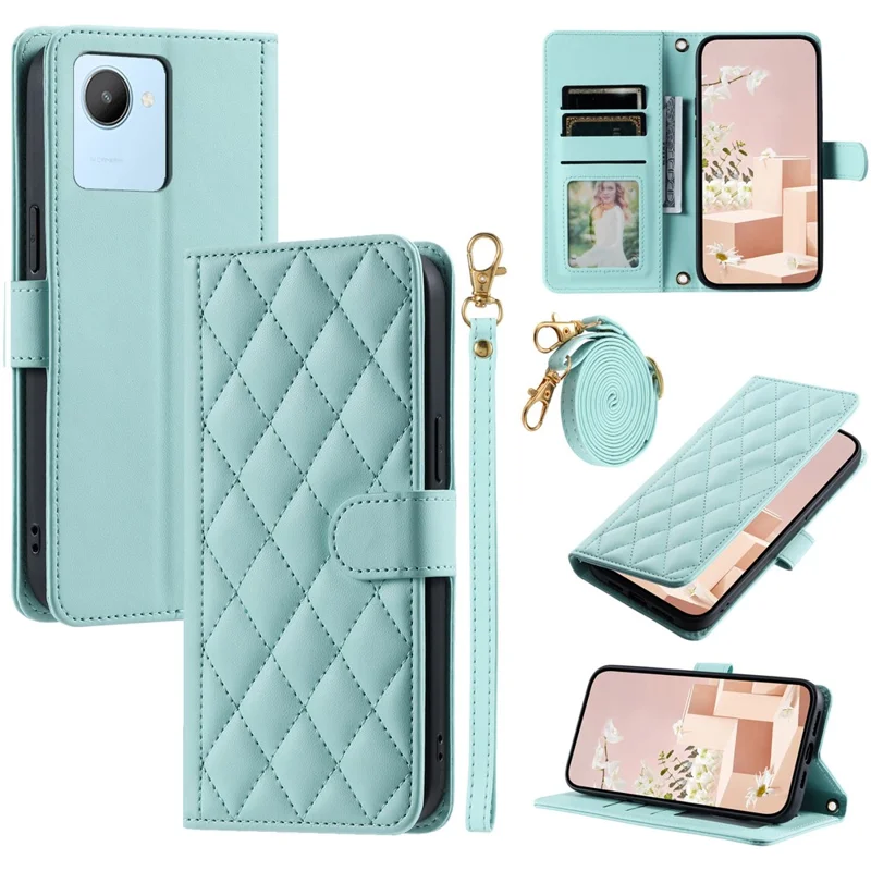 For Realme C30 4G / C30s 4G Phone Case Rhombus Grid PU Leather Flip Cover with Straps - Mint Green
