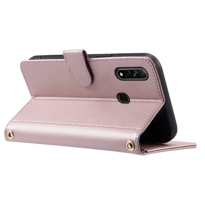 Para Oppo A8 / A31 (2020) Funda de Cuero PU Funda de Teléfono con Rejilla de Rombo con Cordón Cruzado - Oro Rosa