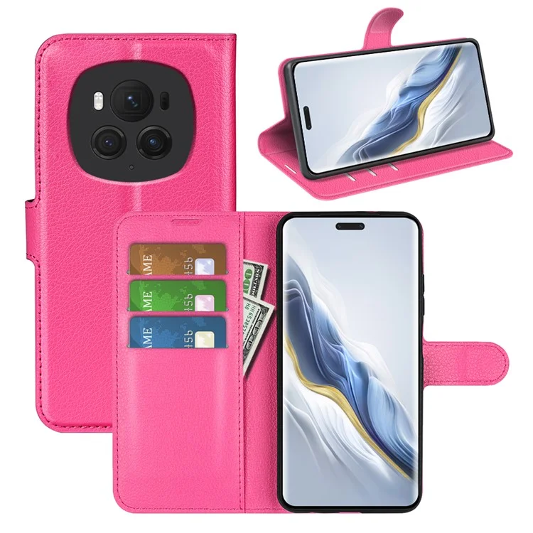 Étui pour téléphone portable For Honor Magic6 Pro 5G - Texture de lychee, cuir PU, étui à rabat - Rose