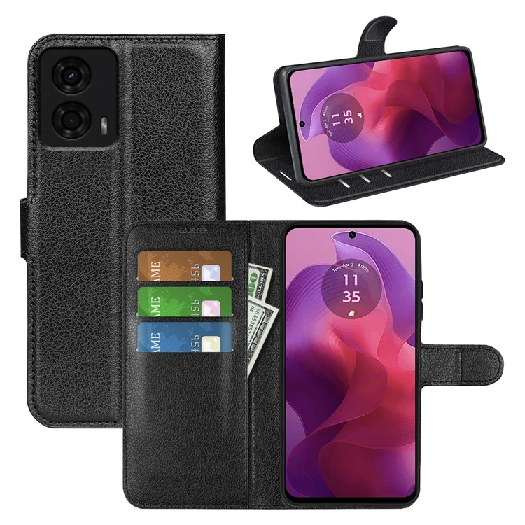 Für Motorola Moto E14 4G / G04 4G / G04s 4G / G24 4G Lederhülle Litchi-Textur Kartenfach Handyhülle - Schwarz