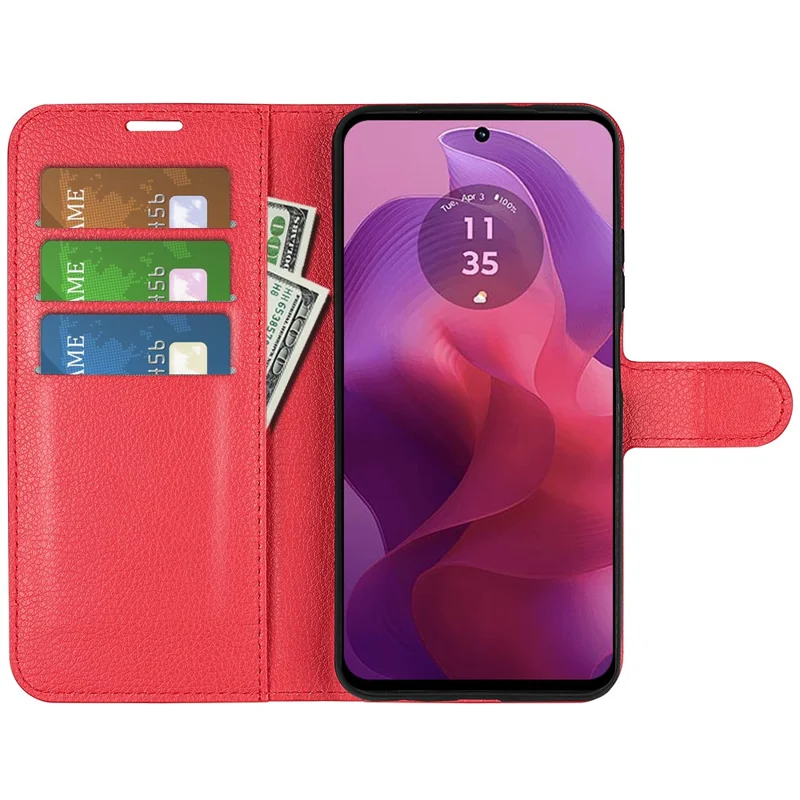 Для Motorola Moto E14 4G / G04 4G / G04s 4G / G24 4G Кожаный чехол с текстурой личи, держатель для карт, чехол для телефона - красный