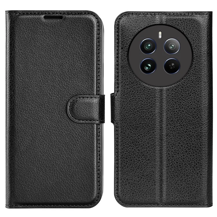 Für Realme 12 4G / 12+ 5G Hülle Litchi Textur PU-Leder Folio Flip Wallet Phone Cover - Schwarz