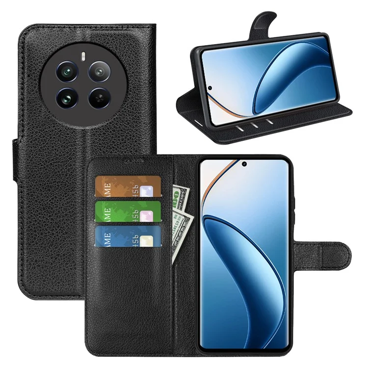 Für Realme 12 4G / 12+ 5G Hülle Litchi Textur PU-Leder Folio Flip Wallet Phone Cover - Schwarz