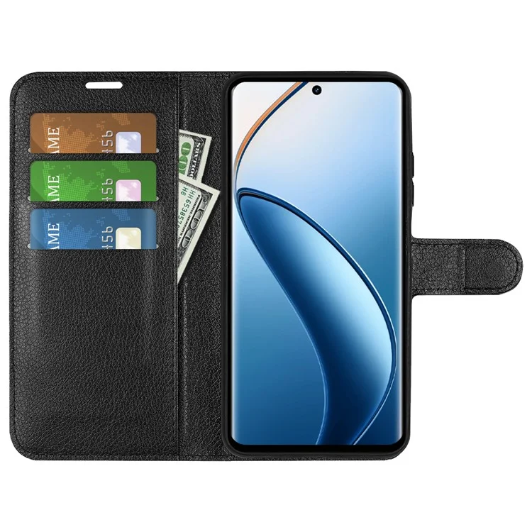 Für Realme 12 4G / 12+ 5G Hülle Litchi Textur PU-Leder Folio Flip Wallet Phone Cover - Schwarz