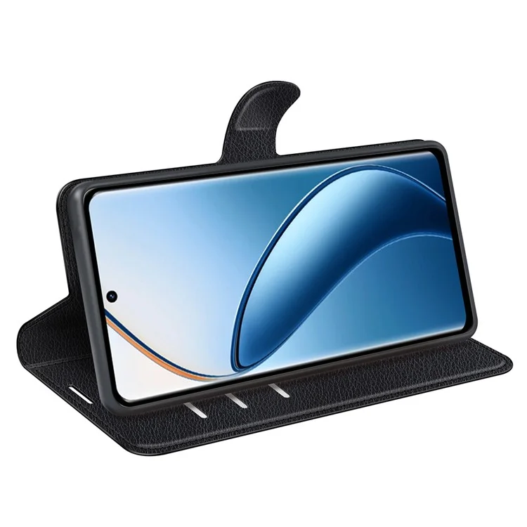 Für Realme 12 4G / 12+ 5G Hülle Litchi Textur PU-Leder Folio Flip Wallet Phone Cover - Schwarz