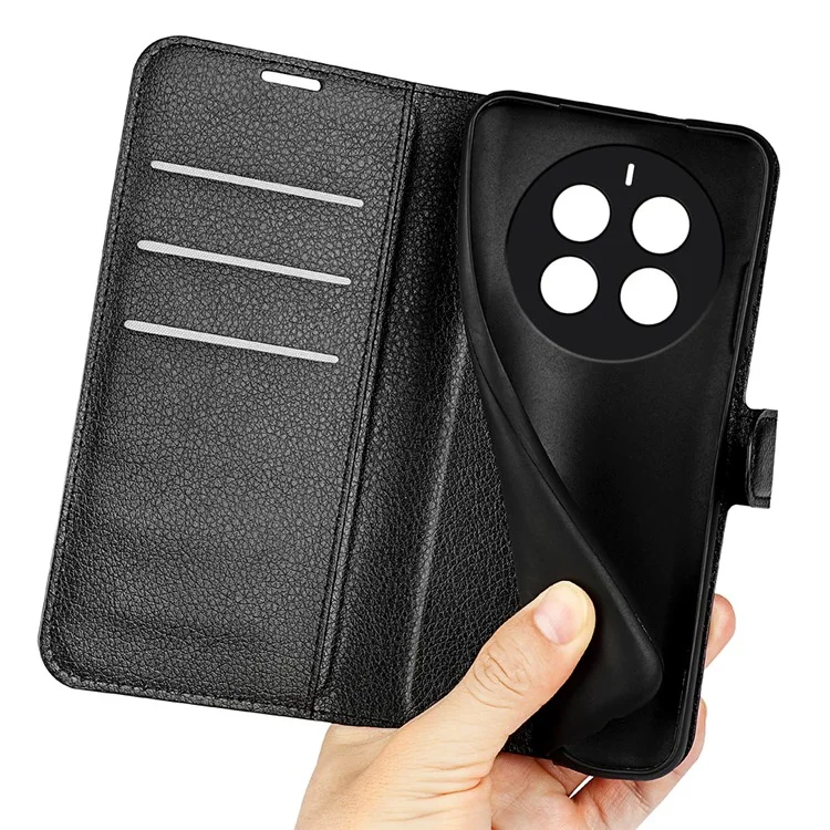 Für Realme 12 4G / 12+ 5G Hülle Litchi Textur PU-Leder Folio Flip Wallet Phone Cover - Schwarz