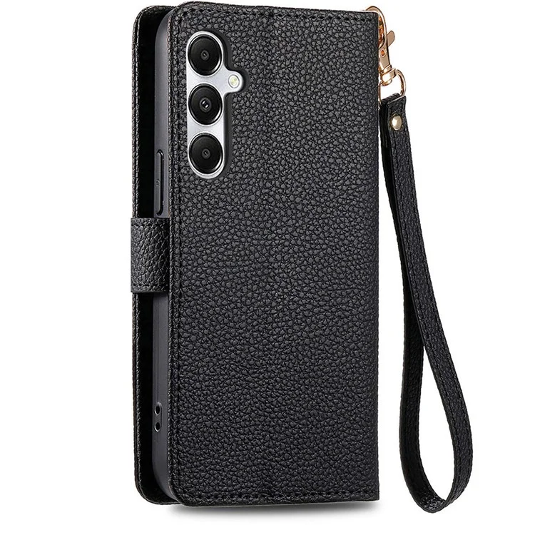 Für Samsung Galaxy A55 5G Case Zipper Wallet PU Leder Handy-Hülle mit Handschlaufe - Schwarz