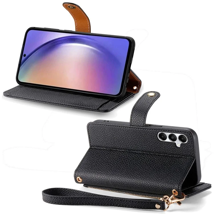 Für Samsung Galaxy A55 5G Case Zipper Wallet PU Leder Handy-Hülle mit Handschlaufe - Schwarz