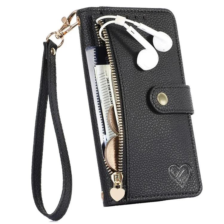 Für Samsung Galaxy A55 5G Case Zipper Wallet PU Leder Handy-Hülle mit Handschlaufe - Schwarz