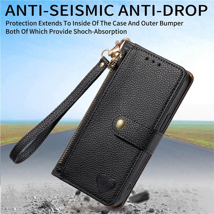 Für Samsung Galaxy A55 5G Case Zipper Wallet PU Leder Handy-Hülle mit Handschlaufe - Schwarz
