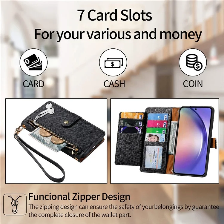 Für Samsung Galaxy A55 5G Case Zipper Wallet PU Leder Handy-Hülle mit Handschlaufe - Schwarz
