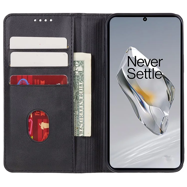 Leather Case for OnePlus Nord N30 SE 5G Calf Texture Auto-absorbed Magnetic Phone Wallet Cover - Black