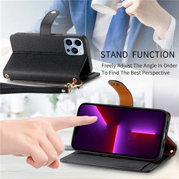 Per iPhone 13 Pro Case RFID Blocking Zipper Leather Phone Cover with Wallet Card Slots - Nero
