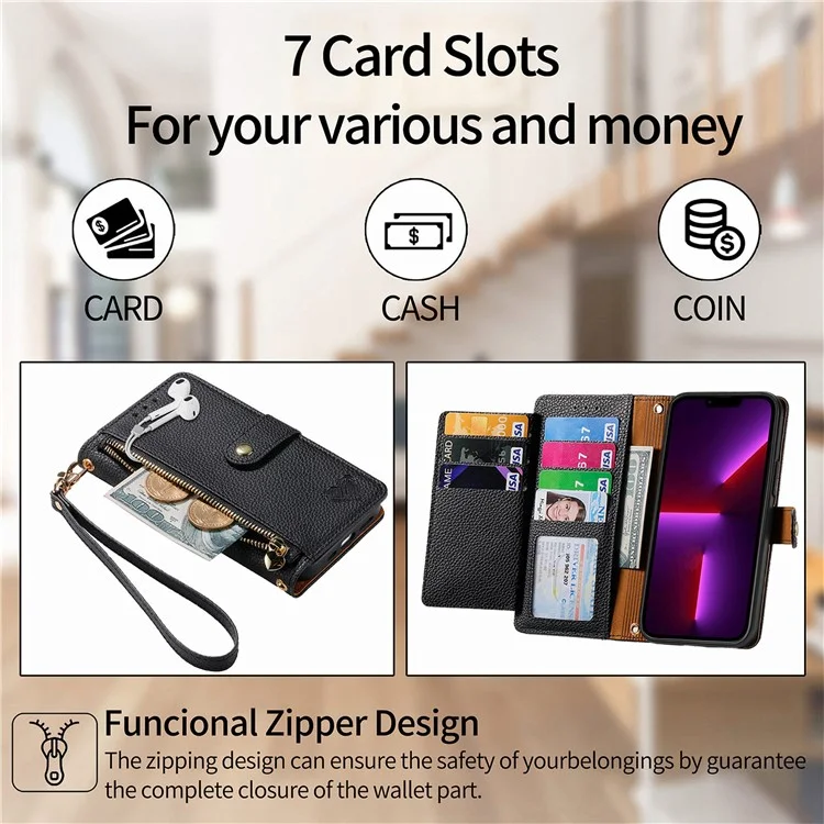 Per iPhone 13 Pro Case RFID Blocking Zipper Leather Phone Cover with Wallet Card Slots - Nero