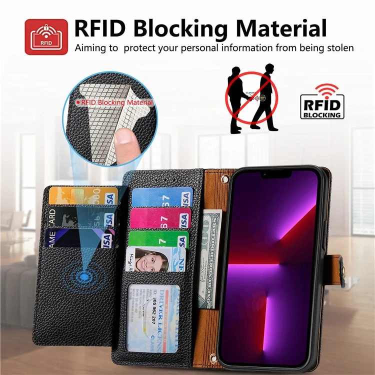 Per iPhone 13 Pro Case RFID Blocking Zipper Leather Phone Cover with Wallet Card Slots - Nero