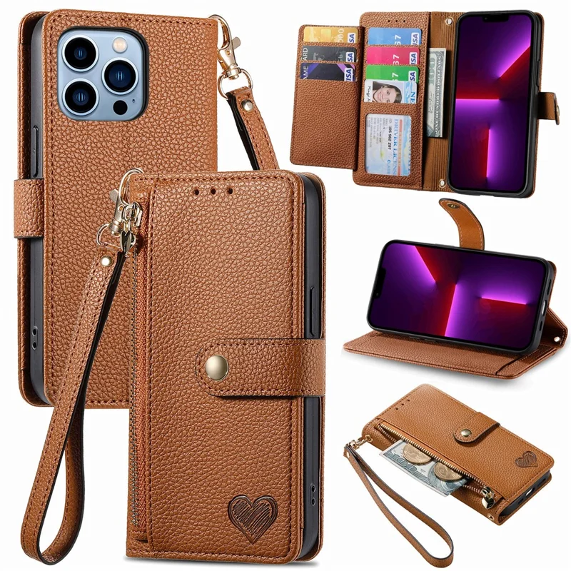 Para Iphone 13 Pro Case RFID Bloqueando a Capa de Couro Com Zíper Com Slots de Carteira - Marrom