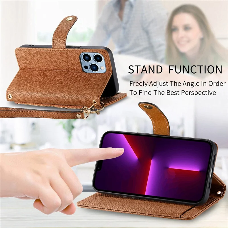 Para Iphone 13 Pro Case RFID Bloqueando a Capa de Couro Com Zíper Com Slots de Carteira - Marrom