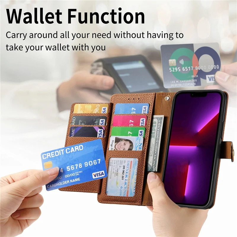 Para Iphone 13 Pro Case RFID Bloqueando a Capa de Couro Com Zíper Com Slots de Carteira - Marrom