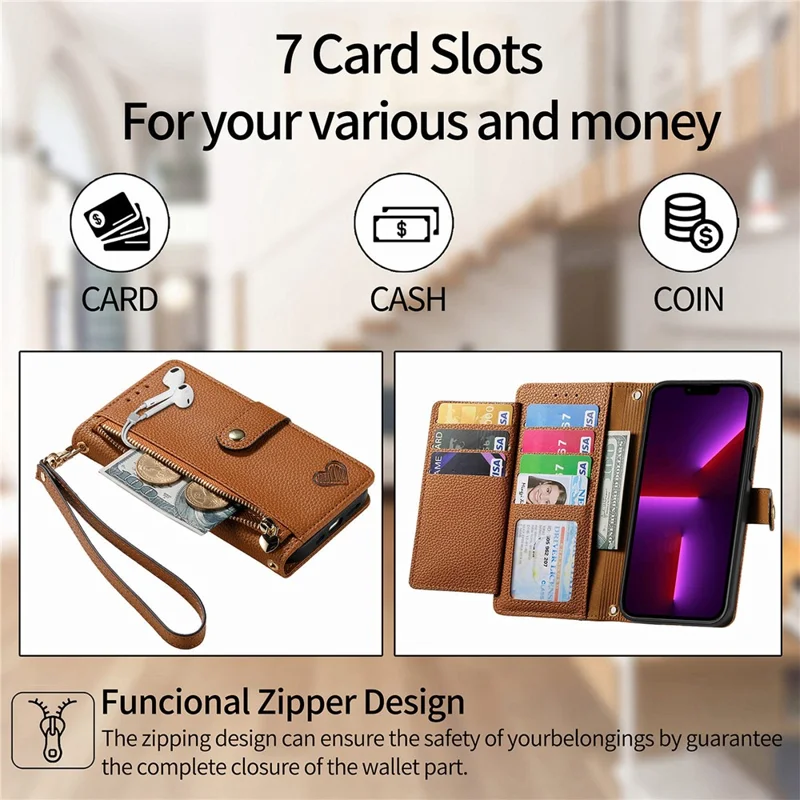 Para Iphone 13 Pro Case RFID Bloqueando a Capa de Couro Com Zíper Com Slots de Carteira - Marrom