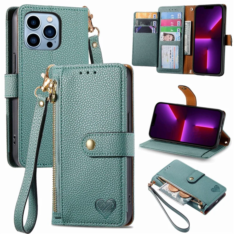 Para Iphone 13 Pro Case RFID Bloqueo de la Cubierta Del Teléfono de Cuero Con Cremallera Con Ranuras Para Tarjetas de Billetera - Verde