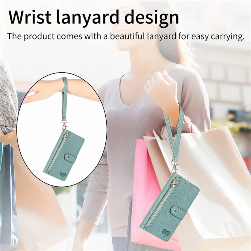 Para Iphone 13 Pro Case RFID Bloqueo de la Cubierta Del Teléfono de Cuero Con Cremallera Con Ranuras Para Tarjetas de Billetera - Verde