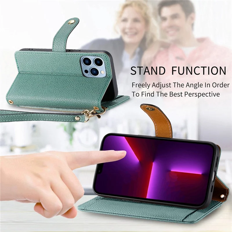 Para Iphone 13 Pro Case RFID Bloqueo de la Cubierta Del Teléfono de Cuero Con Cremallera Con Ranuras Para Tarjetas de Billetera - Verde
