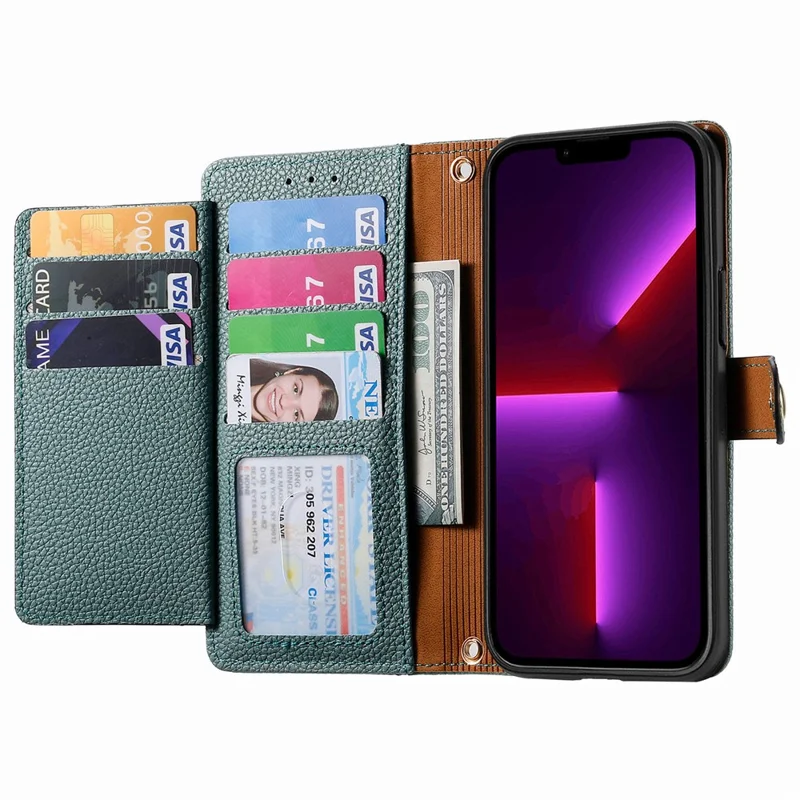 Para Iphone 13 Pro Case RFID Bloqueo de la Cubierta Del Teléfono de Cuero Con Cremallera Con Ranuras Para Tarjetas de Billetera - Verde