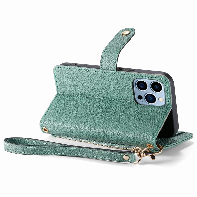 Para Iphone 13 Pro Case RFID Bloqueo de la Cubierta Del Teléfono de Cuero Con Cremallera Con Ranuras Para Tarjetas de Billetera - Verde