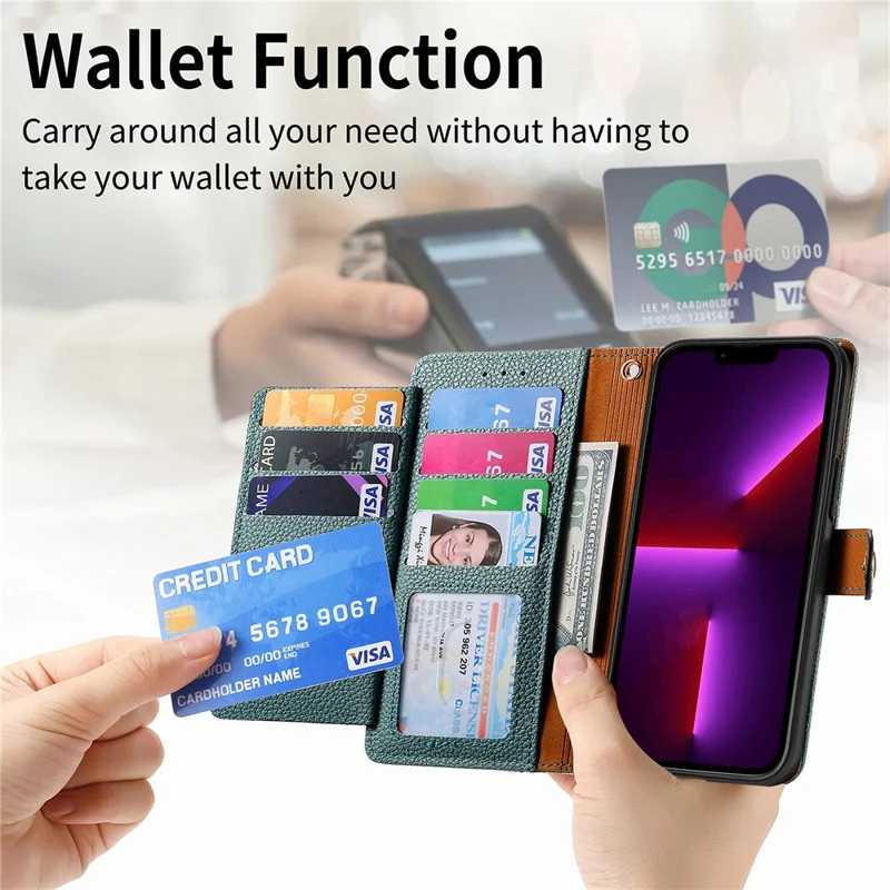 Para Iphone 13 Pro Case RFID Bloqueo de la Cubierta Del Teléfono de Cuero Con Cremallera Con Ranuras Para Tarjetas de Billetera - Verde
