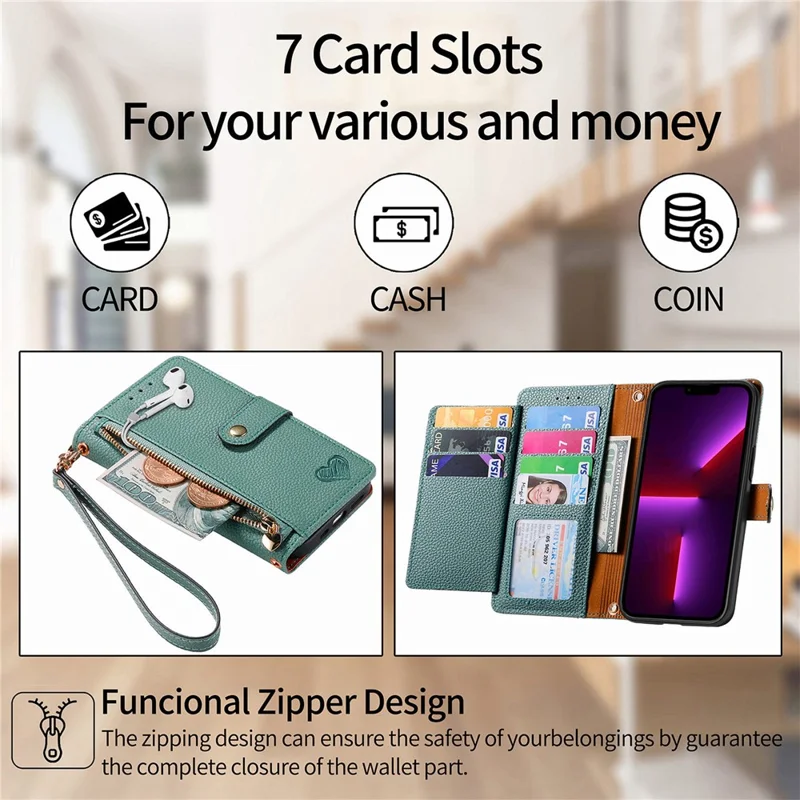 Para Iphone 13 Pro Case RFID Bloqueo de la Cubierta Del Teléfono de Cuero Con Cremallera Con Ranuras Para Tarjetas de Billetera - Verde