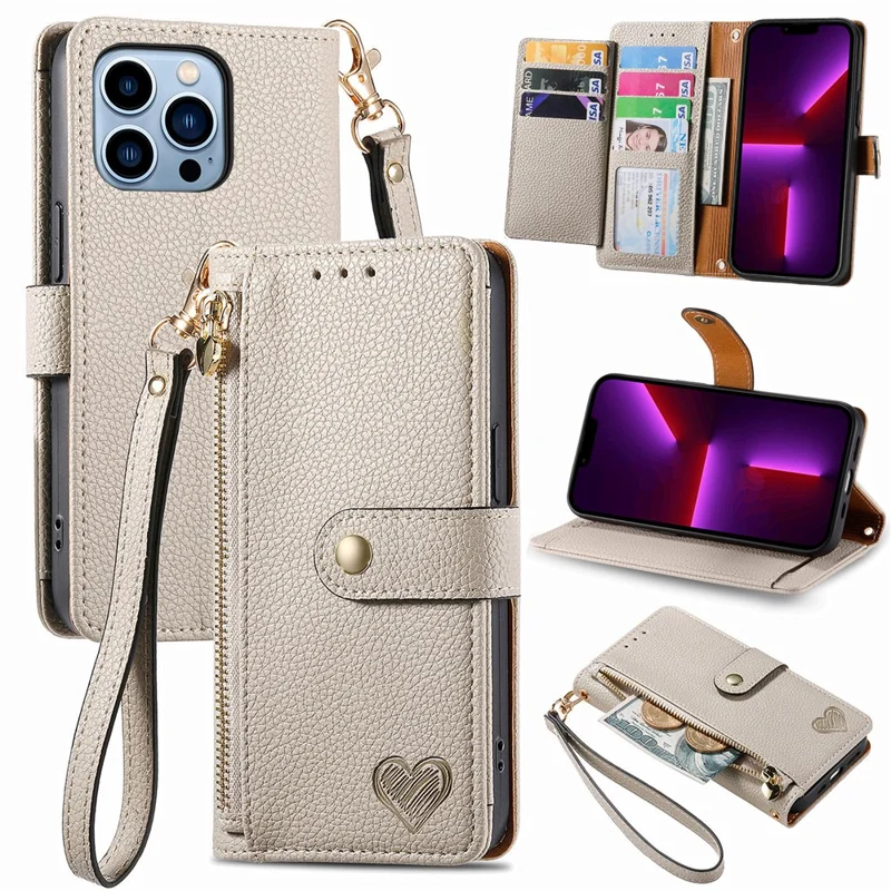 For iPhone 13 Pro Case RFID Blocking Zipper Leather Phone Cover with Wallet Card Slots - Grey