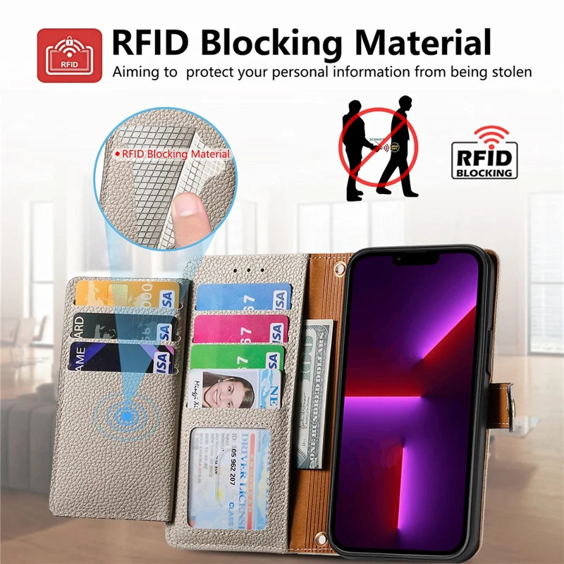 For iPhone 13 Pro Case RFID Blocking Zipper Leather Phone Cover with Wallet Card Slots - Grey